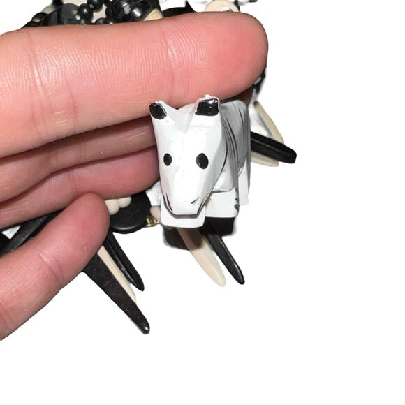 Vintage Tribal Wood Bead Statement Necklace Black White Carved Elephant - Picture 8 of 12